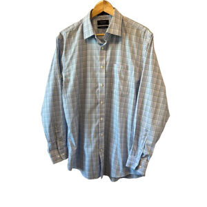 MENs NORDSTROM Traditional Fit White Green Blue Plaid Button Up Dress Shirt XL
